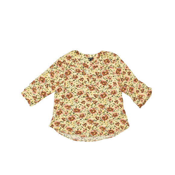Torrid Blouse Plus Size 2 Yellow Floral V-Neck 3/4 Roll Tab Sleeve Rayon Top - Picture 1 of 8